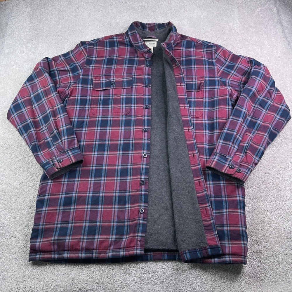 LL Bean Shirt Jacket Mens XXL Tall Purple Plaid Fleece Lined Flannel Shacket